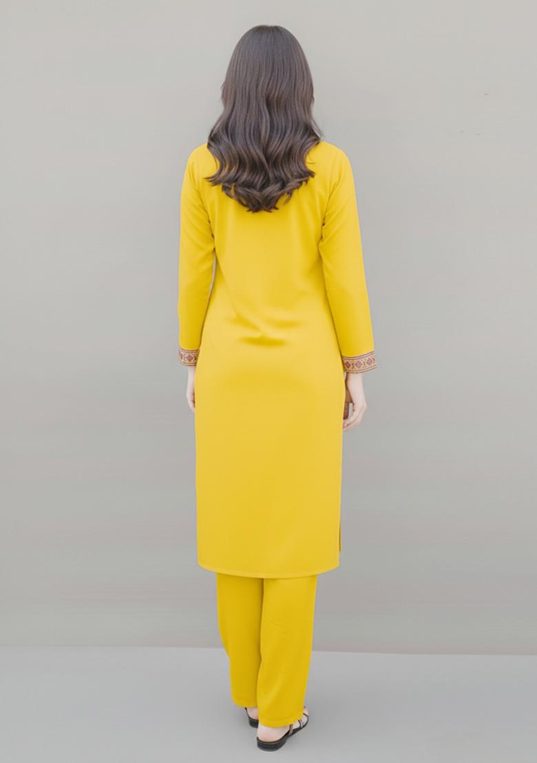 Yellow Embroidered Rayon Kurta Set - Indya