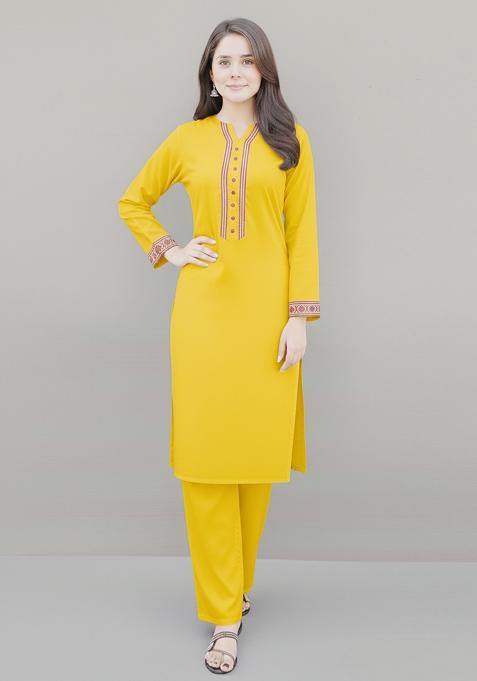 Yellow Embroidered Rayon Kurta Set