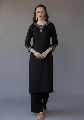 Black Embroidered Rayon Kurta Set