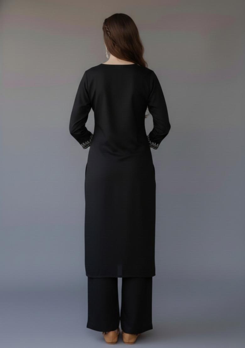 Black Embroidered Rayon Kurta Set - Indya