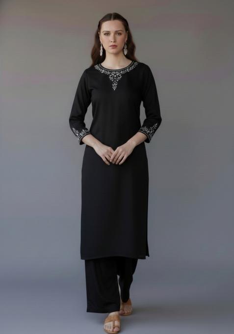 Black Embroidered Rayon Kurta Set