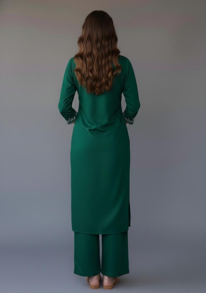 Green Embroidered Rayon Kurta Set - Indya