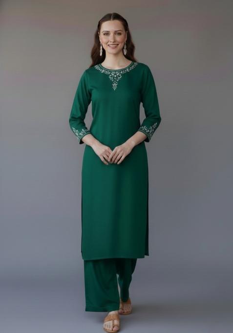 Green Embroidered Rayon Kurta Set