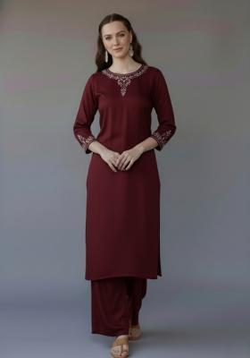 Maroon Embroidered Rayon Kurta Set