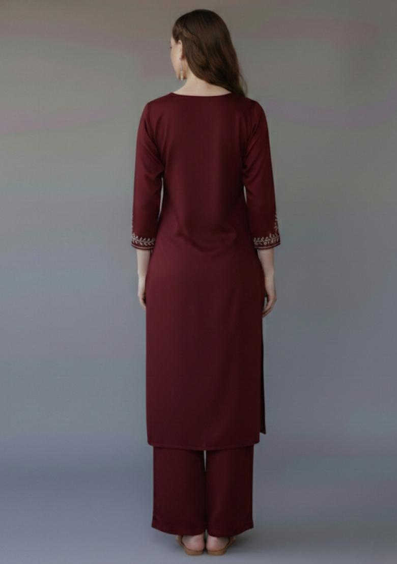 Maroon Embroidered Rayon Kurta Set - Indya