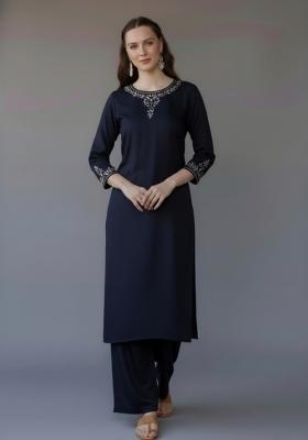 Navy Blue Embroidered Rayon Kurta Set