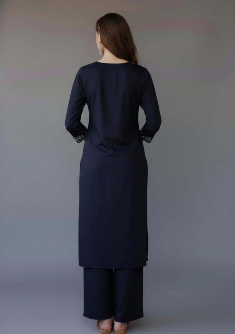 Navy Blue Embroidered Rayon Kurta Set - Indya