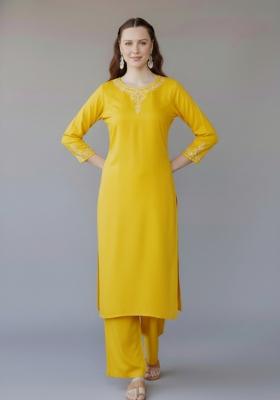 Yellow Embroidered Rayon Kurta Set
