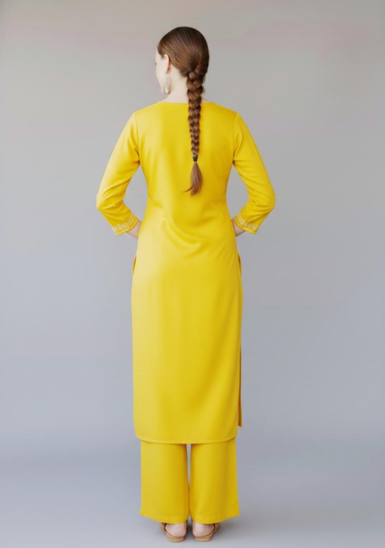 Yellow Embroidered Rayon Kurta Set - Indya