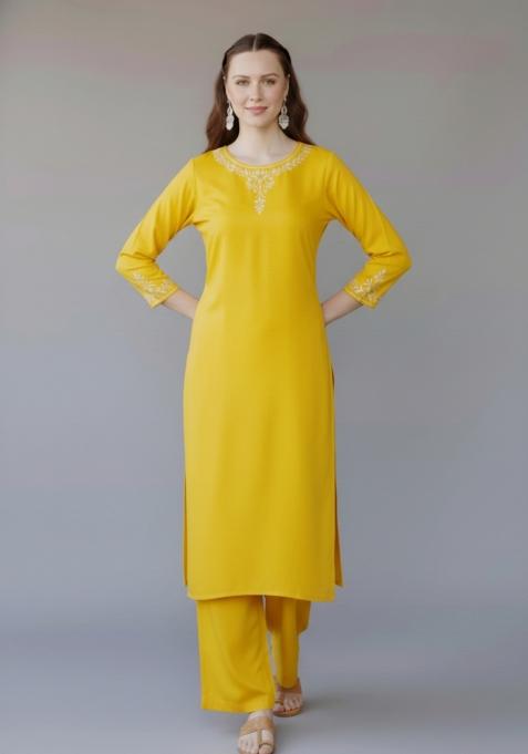 Yellow Embroidered Rayon Kurta Set