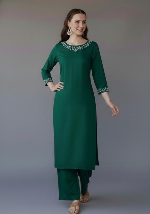 Green Embroidered Rayon Kurta Set