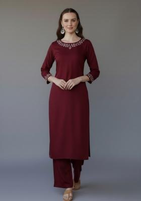 Maroon Embroidered Rayon Kurta Set