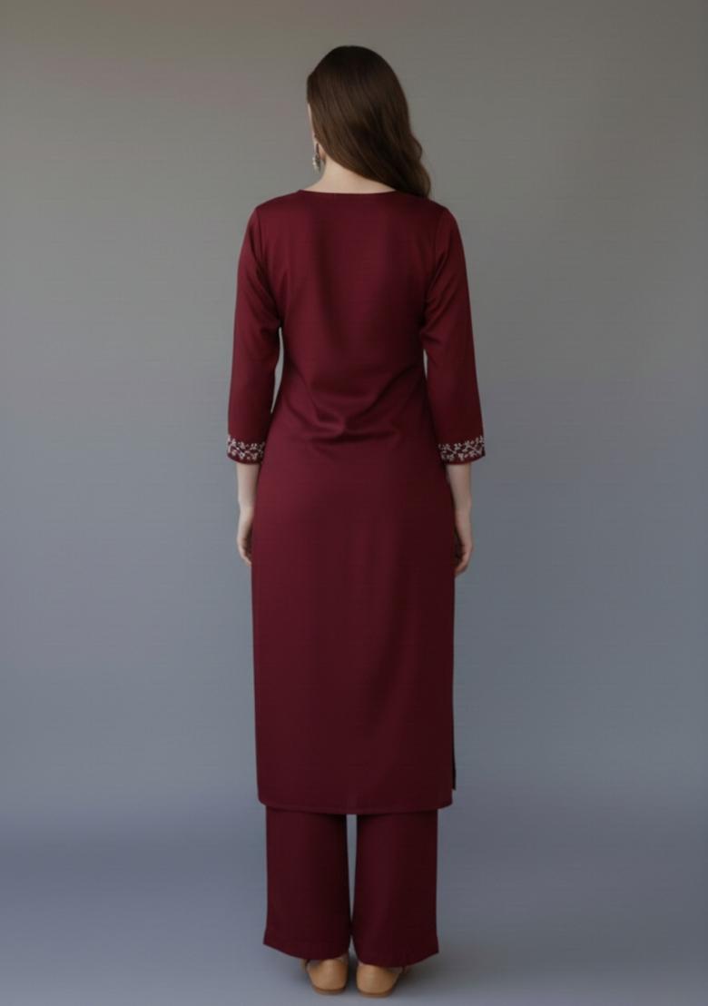 Maroon Embroidered Rayon Kurta Set - Indya