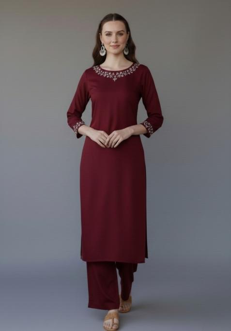 Maroon Embroidered Rayon Kurta Set