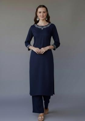 Navy Blue Embroidered Rayon Kurta Set