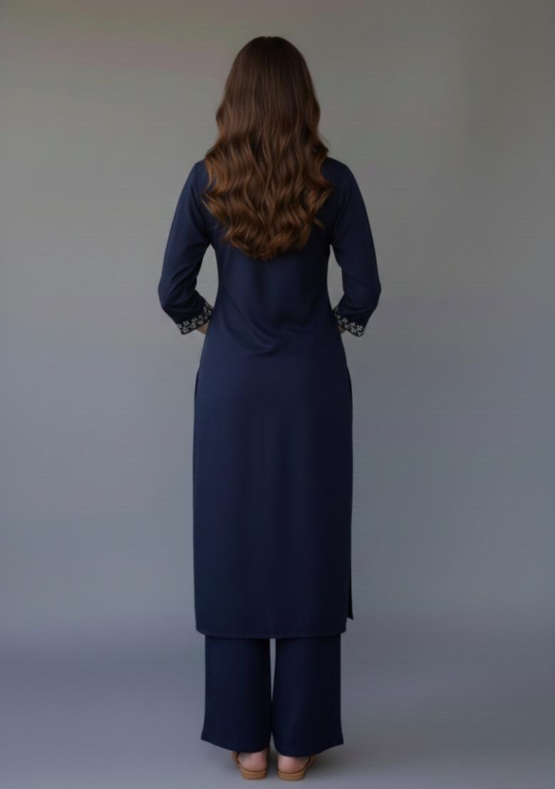 Navy Blue Embroidered Rayon Kurta Set - Indya