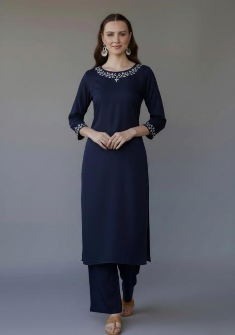 Navy Blue Embroidered Rayon Kurta Set