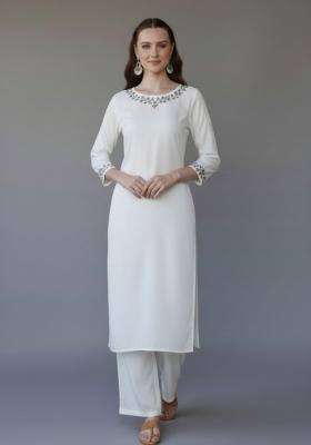 White Embroidered Rayon Kurta Set
