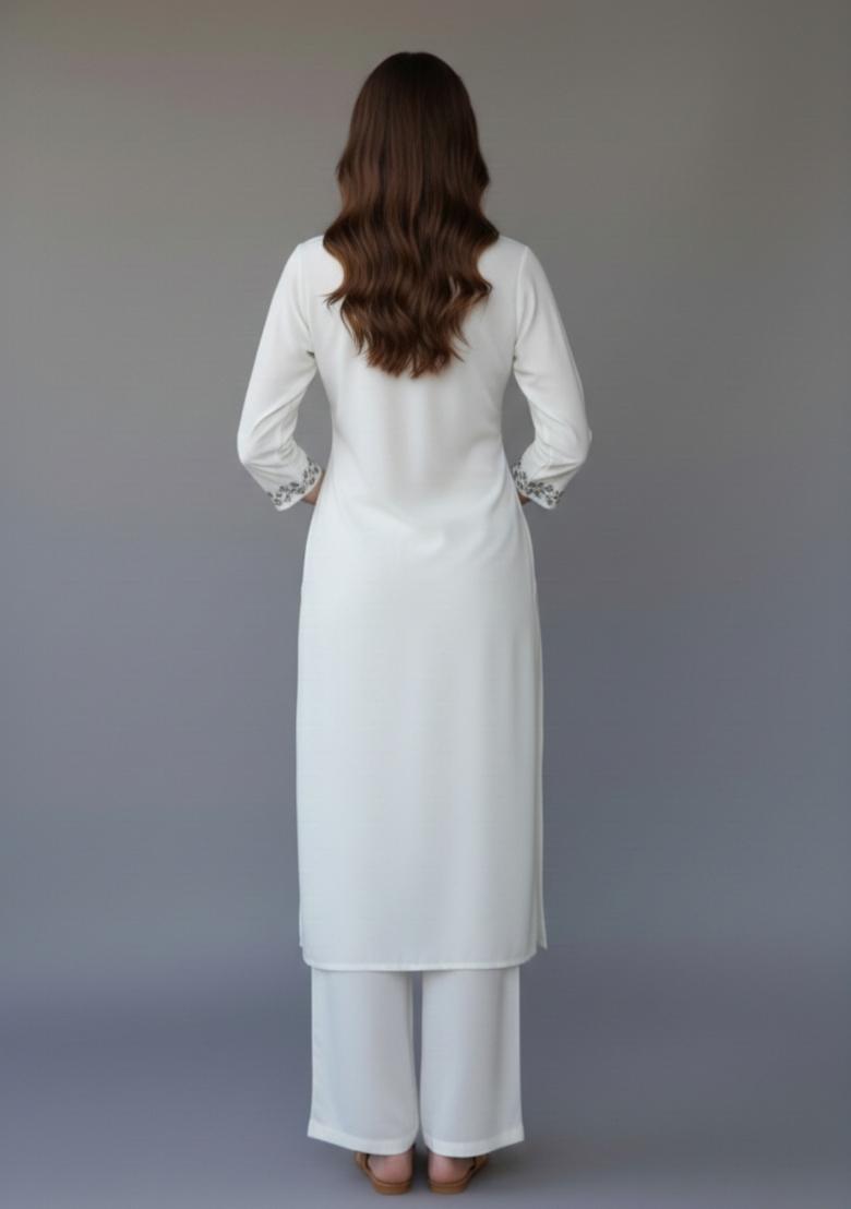 White Embroidered Rayon Kurta Set - Indya