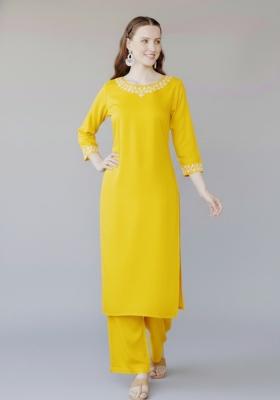 Yellow Embroidered Rayon Kurta Set
