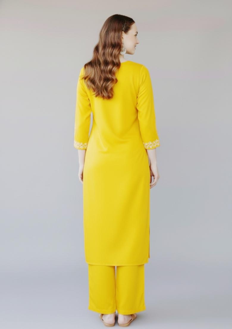Yellow Embroidered Rayon Kurta Set - Indya