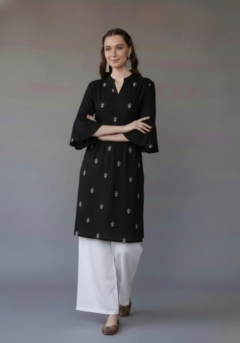 Black Embroidered Rayon Kurta Set