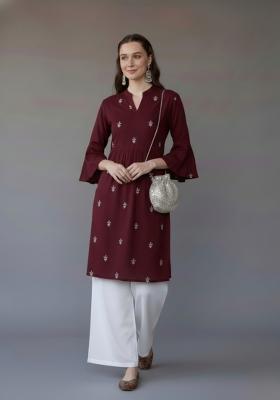 Maroon Embroidered Rayon Kurta Set