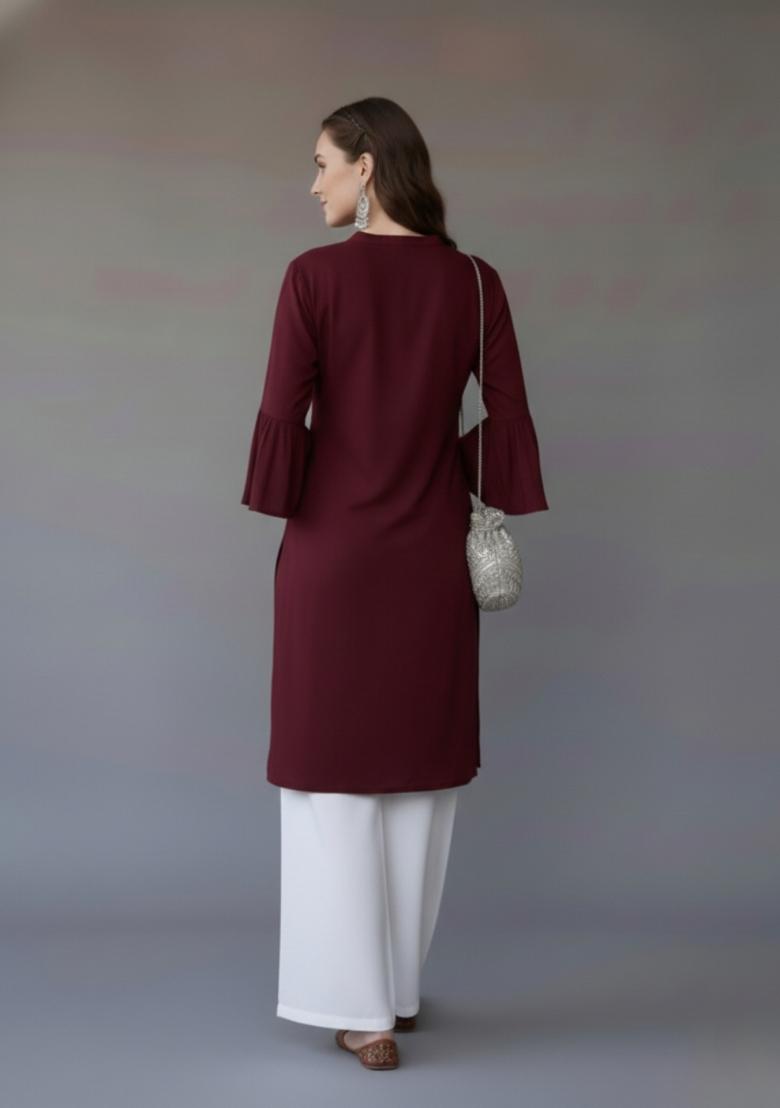 Maroon Embroidered Rayon Kurta Set - Indya