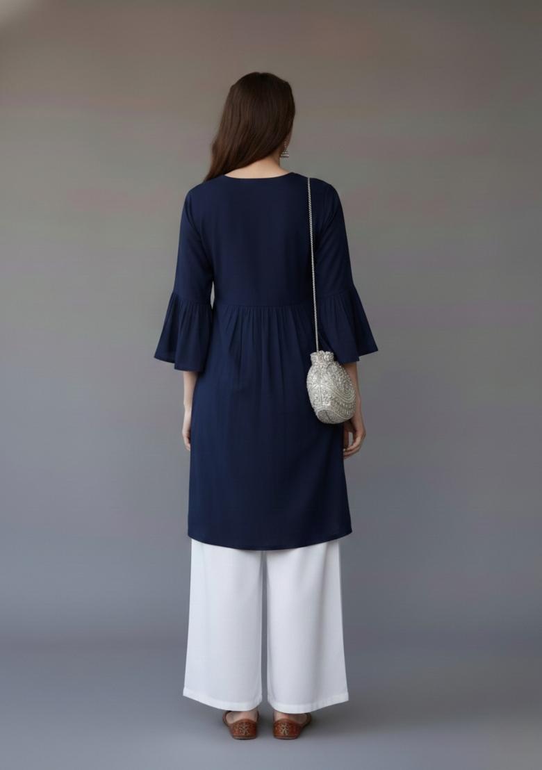 Navy Blue Embroidered Rayon Kurta Set - Indya