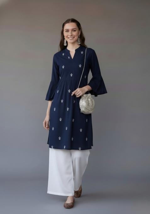 Navy Blue Embroidered Rayon Kurta Set