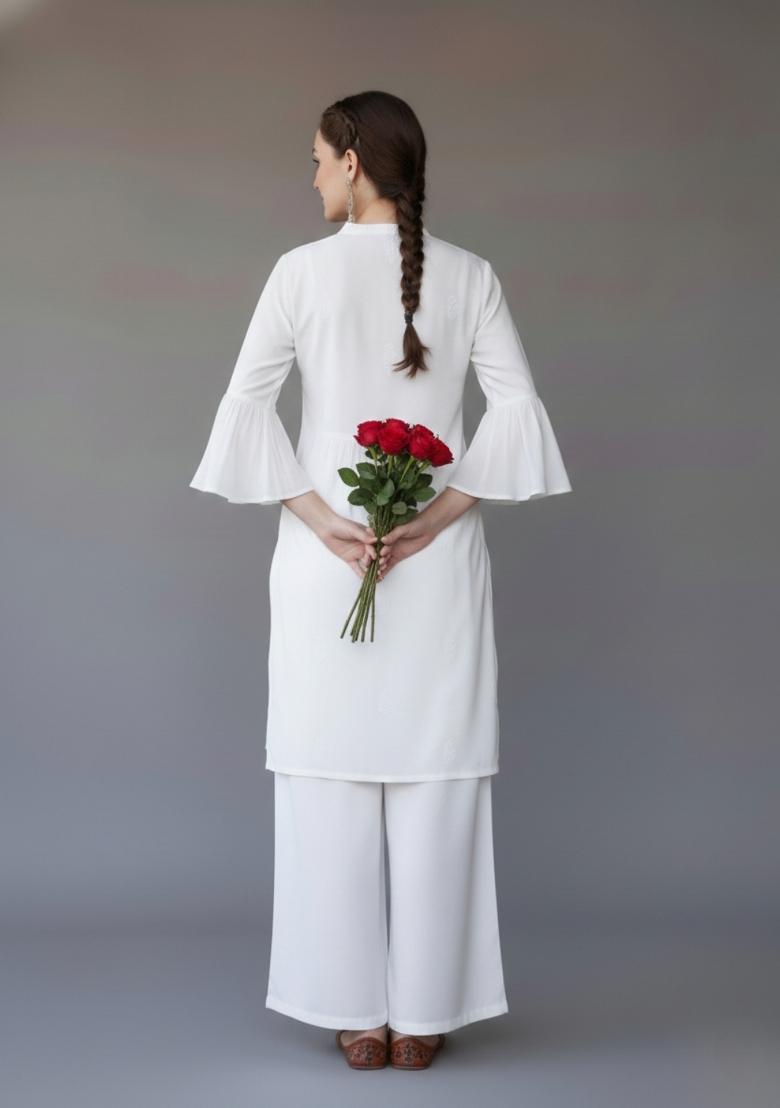 White Embroidered Rayon Kurta Set - Indya