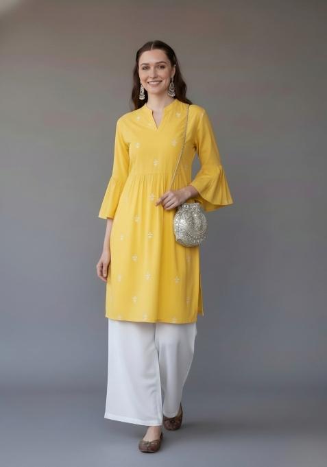 Yellow Embroidered Rayon Kurta Set