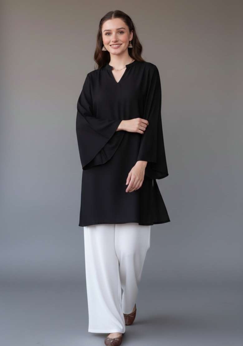 Black Solid Rayon Kurta Set - Indya