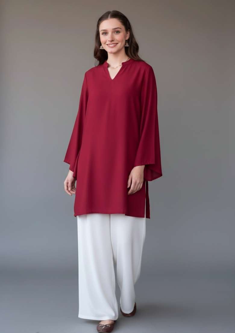 Maroon Solid Rayon Kurta Set - Indya