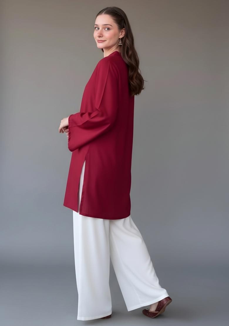 Maroon Embroidered Rayon Kurta Set - Indya