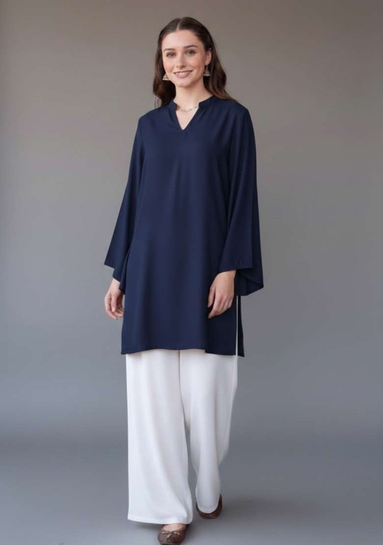 Navy Blue Solid Rayon Kurta Set - Indya