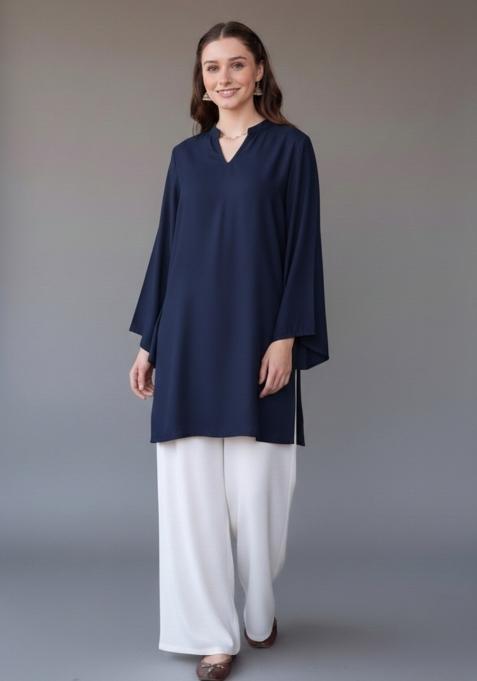 Navy Blue Embroidered Rayon Kurta Set
