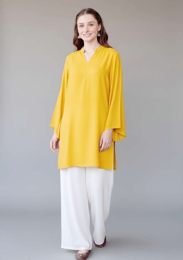 Yellow Solid Rayon Kurta Set - Indya