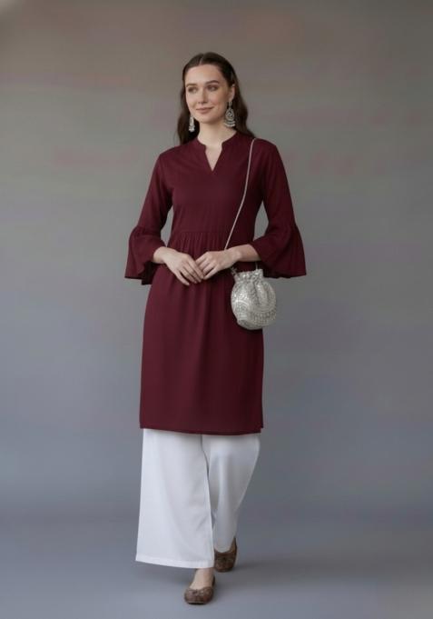 Maroon Embroidered Rayon Kurta Set