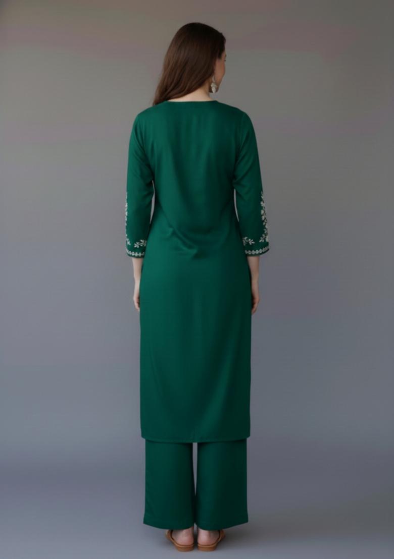 Green Embroidered Rayon Kurta Set - Indya