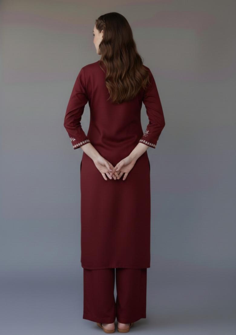 Maroon Embroidered Rayon Kurta Set - Indya