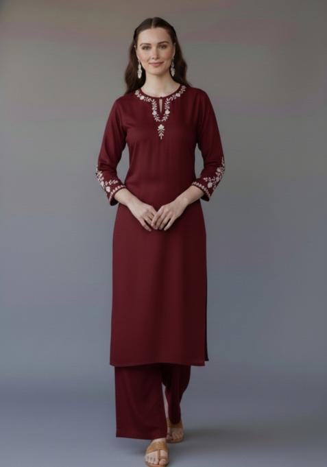 Maroon Embroidered Rayon Kurta Set