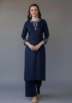 Navy Blue Embroidered Rayon Kurta Set