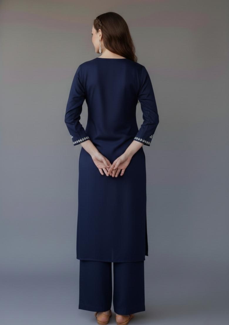 Navy Blue Embroidered Rayon Kurta Set - Indya