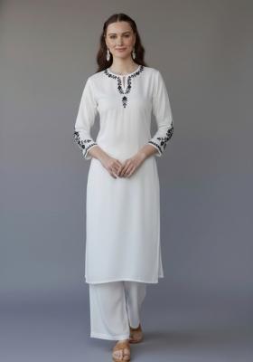 White Embroidered Rayon Kurta Set