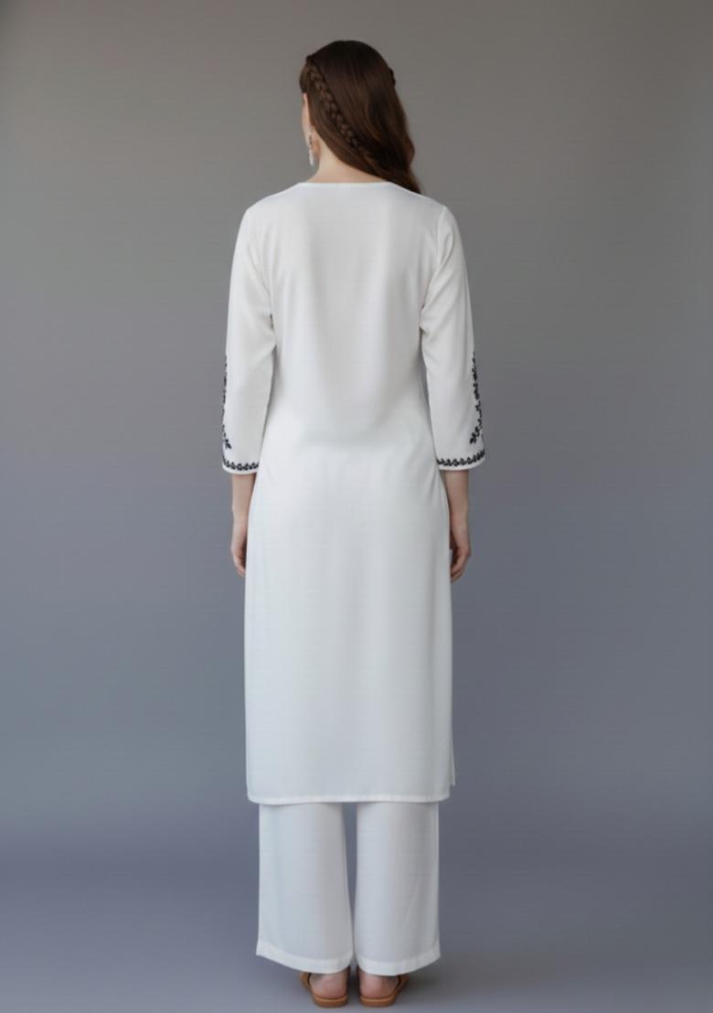 White Embroidered Rayon Kurta Set - Indya