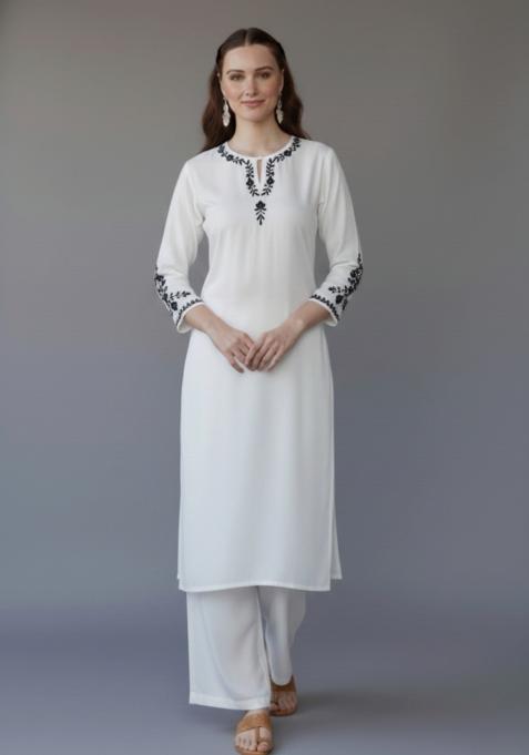 White Embroidered Rayon Kurta Set