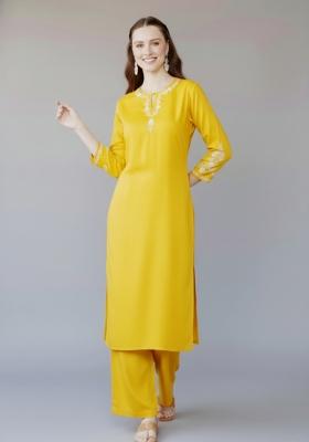 Yellow Embroidered Rayon Kurta Set