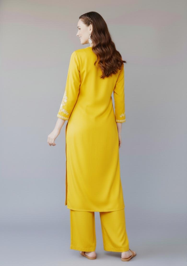 Yellow Embroidered Rayon Kurta Set - Indya