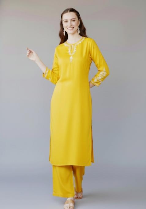 Yellow Embroidered Rayon Kurta Set